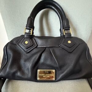 Marc Jacobs Black Pebbled Leather Satchel with Gold Plaque